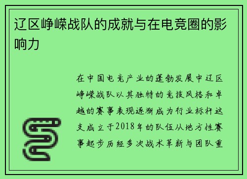 辽区峥嵘战队的成就与在电竞圈的影响力