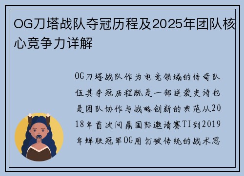 OG刀塔战队夺冠历程及2025年团队核心竞争力详解
