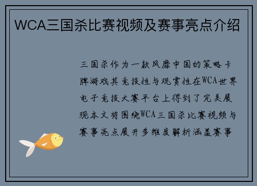 WCA三国杀比赛视频及赛事亮点介绍