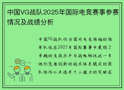 中国VG战队2025年国际电竞赛事参赛情况及战绩分析
